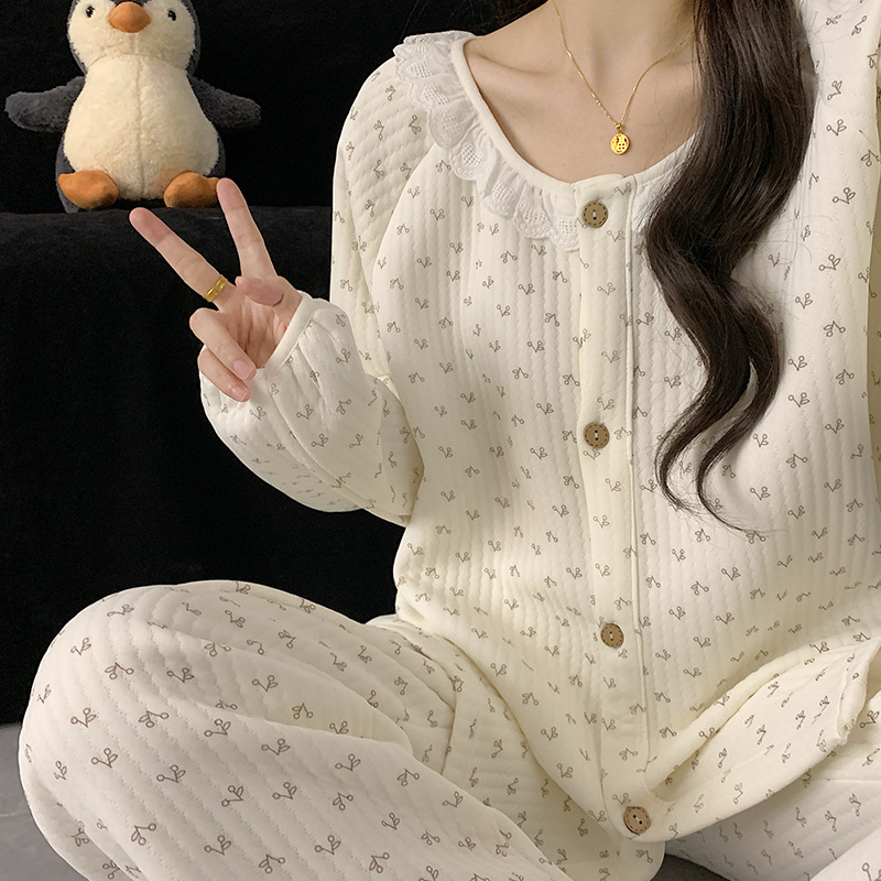 甜美蕾丝边夹层睡衣女秋冬长袖保暖加厚空气棉碎花家居服